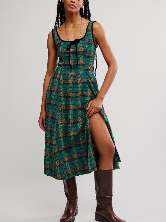 Free People Dresses & Skirts - Free People Teal Green Plaid Midi Dress with Black Bow